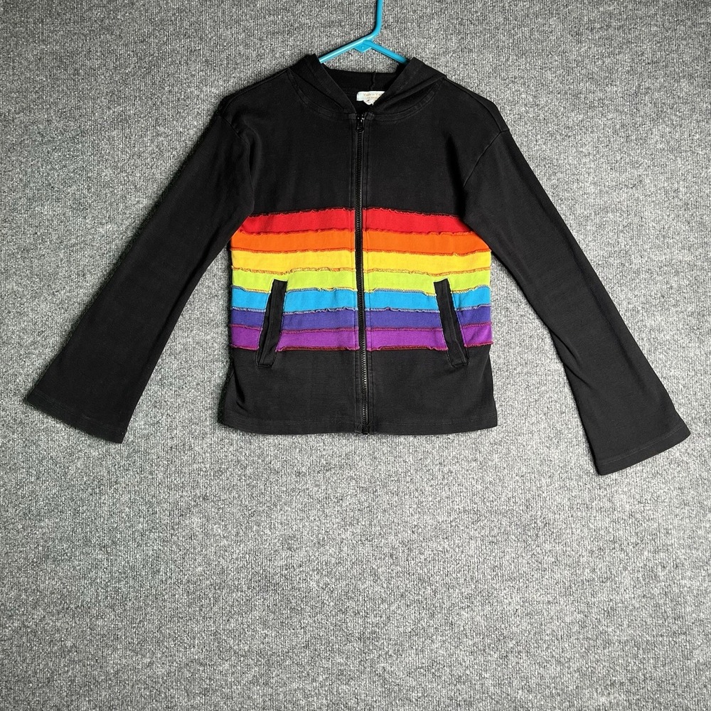 Y2K Yak N Yeti Hoodie Frayed Raw Edge Rainbow Stripes Flared Bell Sleeves XS Vtg